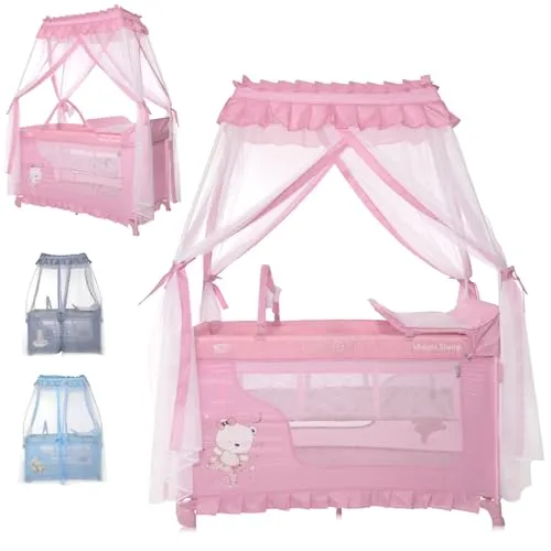 Lorelli Reisebett Magic Sleep mit Baldachin und Mobile - Faltbares Reisebett in Pink mit 2 Ebenen, ideal für Zuhause und unterwegs. Inklusive Wickelauflage für zusätzlichen Komfort und Funktionalität.