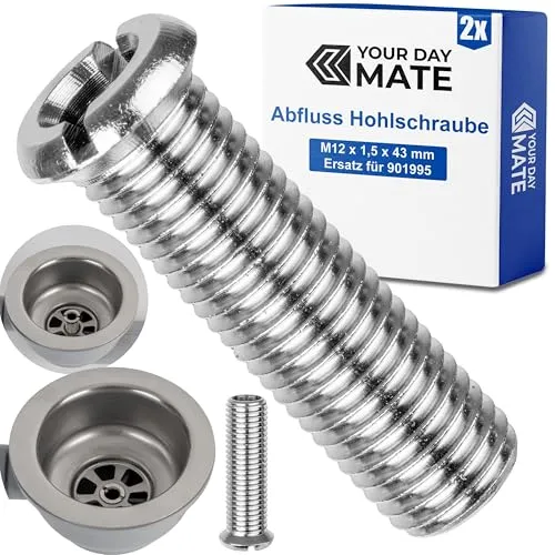 Hohlschraube für Siebkorbventil, M12 x 1,5 x 43 mm, 2 Stück, kompatibel mit Blanco Ablaufgarnitur, Ersatz für Artikel 901995, aus Messing, Feingewinde, Reparatur Schraube Spülbecken Ventilablauf