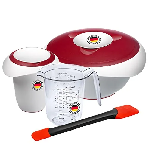 Westmark Koch- und Backset, 4tlg., Quirltopf 1 l, Rührschüssel 3,5 l je mit Deckel, Messkanne 1 l und Teigschaber, Kunststoff/Silikon, Duo, Transparent/Weiß/Rot/Schwarz, 315122E8, 28,0 x 28,0 x 22,0