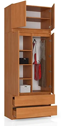 BDW Kleiderschrank mit 4 Türen, 4 Einlegeböden, Kleiderbügel, 2 Schubladen - Aufbewahrungsschrank - Moderner Schrank für das Schlafzimmer Wohnzimmer Diele - 234x90x51cm - Erle