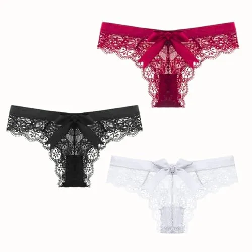 Spitzen Tanga Damen Höschen Schlüpfer Mittel Taille Unterhose Frauen Sexy Lace Slips Lingerie Panty Unterwäsche String (DE/NL/SE/PL, Alphanumerisch, L, Regular, Regular, Schwarz+Weiß+Bordeaux)