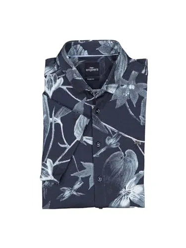 engbers Herren Kurzarm-Hemd Gemustert, Marineblau, Größe M - Herrenhemden mit elastischer Jersey-Warenqualität und floraler All Over Musterung, ideal für einen modischen Look mit dezenten Kontrastdetails.