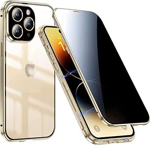 WEYNRBOX Anti-Peep Hülle für iPhone 14 Pro Magnetisch Handyhülle,360 Grad Ganzkörper Schutzhülle mit Anti-spy Panzerglas,Magnetic Metall Bumper Fullcover Stoßfest Case Hülle für iPhone 14 Pro,Golden