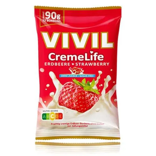 VIVIL Creme Life Erdbeere, 1 Beutel, fruchtige Sahnebonbons mit Erdbeergeschmack, zuckerfrei & glutenfrei, 1 x 90g