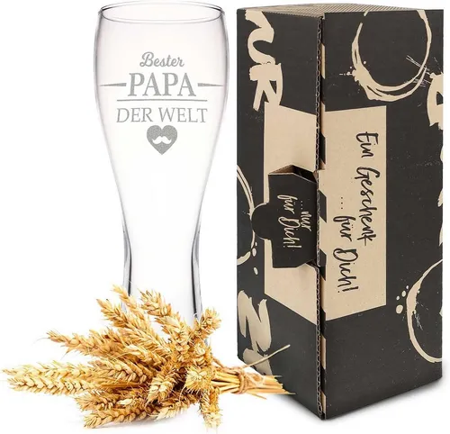 GRAVURZEILE Bierglas Leonardo Weizenglas mit Gravur - Bester Papa der Welt, Glas, Geschenk für Männer - Vatertagsgeschenk - 0,5l Weizenbierglas