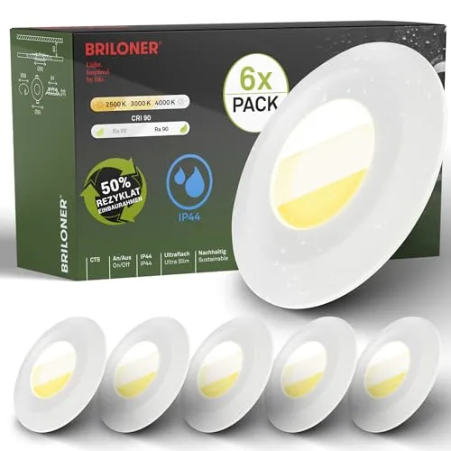 BRILONER 6er Set LED Bad Einbaustrahler - Nachhaltige Einbauleuchten aus 50% recyceltem Material, mit anpassbarer Farbtemperatur von 2500K bis 4000K, ideal für Badezimmer und feuchte Räume dank IP44-Schutz.