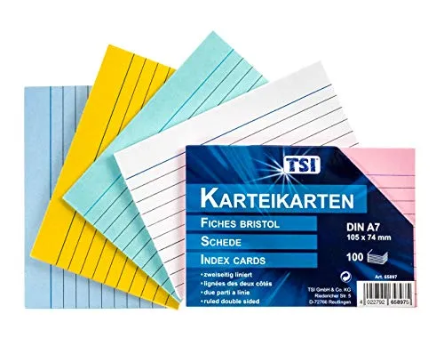 TSI Karteikarten farbig sortiert, 100er Packung, liniert, Größe: DIN A7 (105 x 74 mm), Art. Nr. 65897