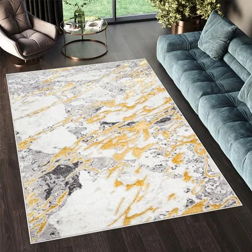 TAPISO Shine Teppich Kurzflor Creme Grau Schwarz Gold Streifen Abstrakt Wohnzimmer Schlafzimmer 3D Optik Modern Design ÖKOTEX 120 x 170 cm