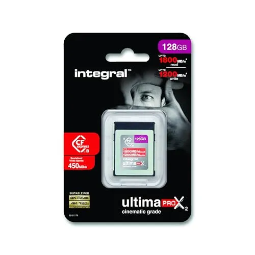 Integral 128GB CFexpress Speicherkarte Typ B 2.0 - Speicherkarten für 8K RAW & 4K 120 FPS, mit branchenführenden 1800MB/s Lese- und 1200MB/s Schreibgeschwindigkeit – ideal für professionelle Fotografen und Filmemacher.