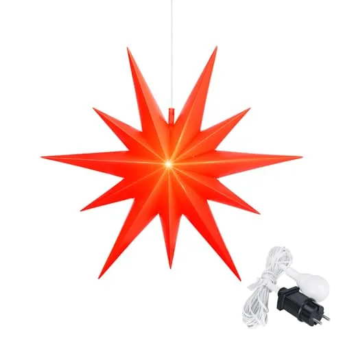 Leuchtstern 2D mit LED Beleuchtung | rot | Ø 57 cm | wetterfest - Lichterketten für Außen & Innen: Moderner 2D Weihnachtsstern mit 11 Spitzen, warmweißen LEDs und praktischem Timer für automatisches Ein- und Ausschalten.