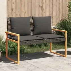 vidaXL Gartenbank mit Kissen Schwarz aus Poly Rattan und Akazienholz