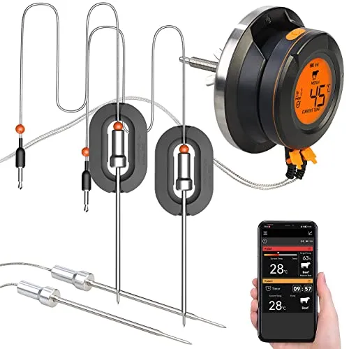 Rosenstein & Söhne Räucherthermometer: Smartes Digital-Grill-Thermometer mit 4 Sensoren - Grillthermometer mit 4 Sensoren für präzise Temperaturmessung und Bluetooth-Verbindung zur App. Ideal für BBQ-Enthusiasten, um perfekte Ergebnisse zu erzielen.