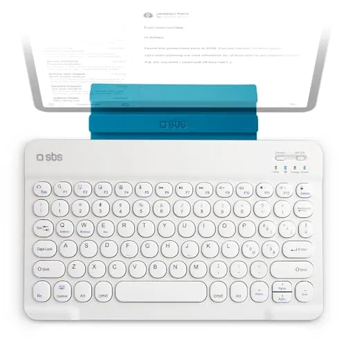 SBS Universal Wireless Bluetooth Tastatur, QWERTY-Layout, Integrierter Ständer, Schlankes Design, Wiederaufladbar, für Tablets, iPad, Smart-TVs, Smartphones, weiß