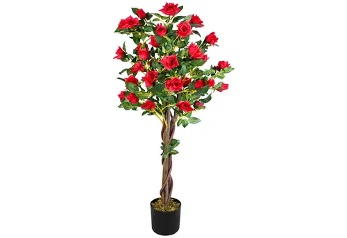Decovego Kunstblume Rose - Künstlicher Rosenbusch 120 cm - Kunstblume in leuchtendem Rot, ideal für die Dekoration von Wohnräumen oder Büros, pflegeleicht und langlebig.