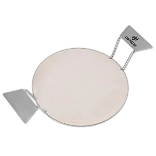 LANDMANN Pizzastein für Gasgrills - Grillzubehör für perfekte Pizzazubereitung, schnell aufheizend aus Cordierit und einfach zu reinigen mit Edelstahlgriffen.