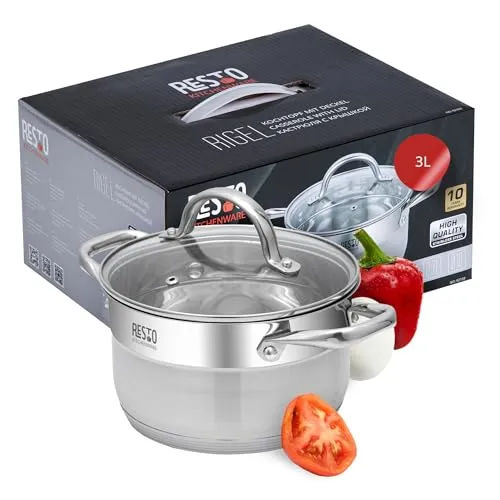RESTO Edelstahl 18/10 Kochtopf 20 cm - Universell einsetzbar - Kochtopf für alle Herdarten mit hitzebeständigem Glasdeckel, Messskala und nicht wärmeleitenden Griffen - ideal für gesundes Kochen.