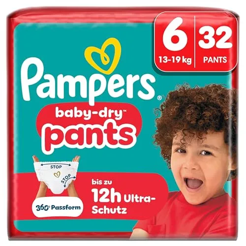 Pampers Baby-Dry Pants Größe 6, 32 Stück, 13kg-19kg – 360° Auslaufschutz für aktives Baby