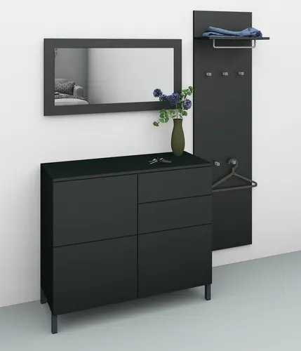 Borchardt Möbel Garderoben-Set Haama, 3-teilig schwarz - Drohnen-Garderoben-Set in elegantem schwarz matt, inkl. Paneel, Kommode und Spiegel mit Push-to-Open-Funktion für müheloses Öffnen und modernes Design.