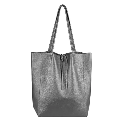 OBC Made in Italy Damen Leder Tasche DIN-A4 Shopper Schultertasche Henkeltasche Tote Bag Metallic Handtasche Umhängetasche Beuteltasche (Dunkelgrau 36x40x12 cm)