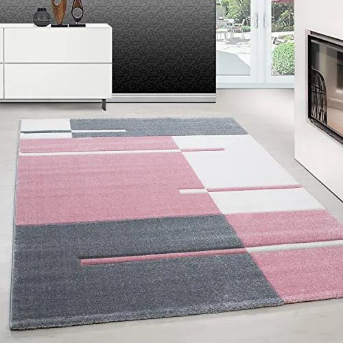 Teppium Moderner Kurzflor Teppich Läufer Flur 80 x 150 cm Pink - Konturenschnitt Teppich Waschbar, Kariert Design, Pflegeleicht und Weich - Ideal als Bettvorleger im Schlafzimmer und Küchenläufer