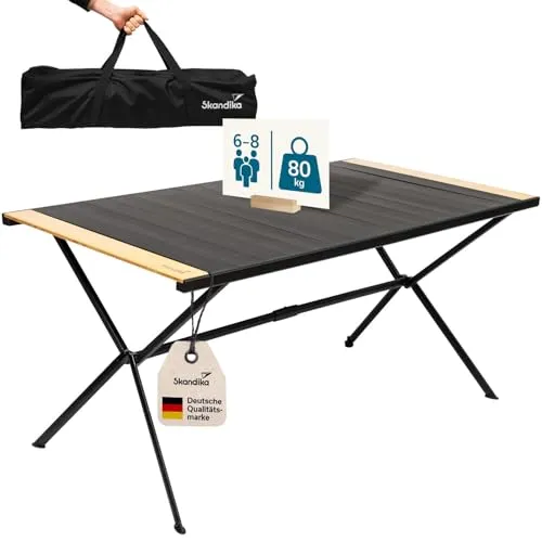 Skandika Campingtisch Tivaro | Alu Campingtisch mit Holz, für 6 Personen, 80 kg Traglast, 147x80x70 cm, wasserfest, klappbar, leicht, einrollbare Tischplatte | Falttisch für Garten, Camping, Angeln
