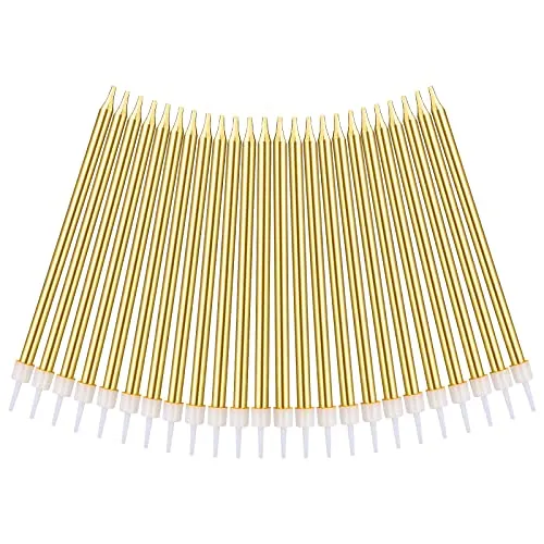 URAQT Geburtstagskerzen Kuchen, 24 Stück Lange Metallisch Geburtstagskerzen mit Haltern für Kinder & Erwachsene, Dekorative Geburtstagstorte, Hochzeitsparty, Abschlussfeier (Gold)