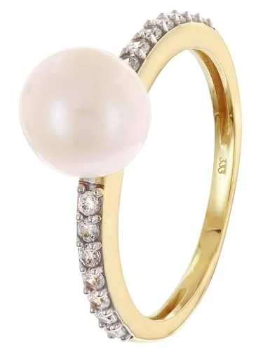 trendor Damenring Gold 333 mit Süßwasser-Zuchtperle und Zirkonias 68380-54 Ringgröße 54/17,2