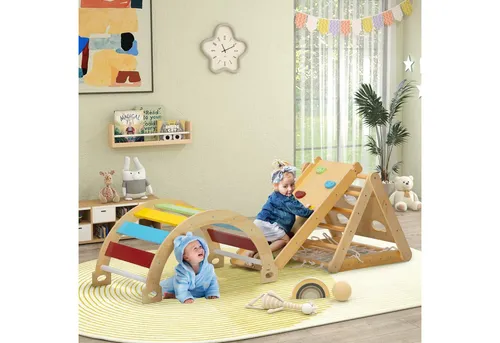 AIYAPLAY Klettergerüst mit Rutsche, Kletterbogen, Rampe, Kletternetz, Kletterstein, (7 in 1 Kletterdreieck, 1-St., Indoor Spielplatz aus Holz), für Kinder von 1,5-4 Jahre, Mehrfarbig