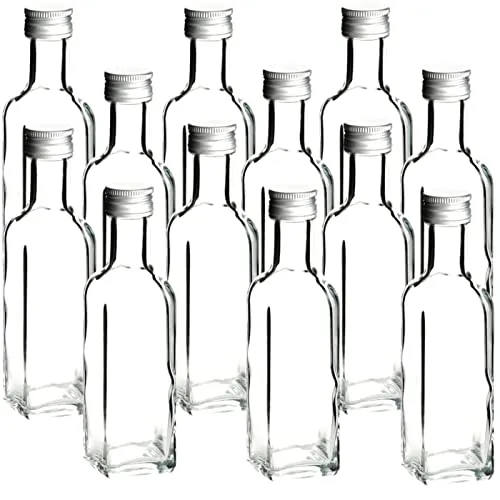 gouveo 12er Set Glasflasche 100 ml Maraska mit Schraubverschluss silberfarben - Kleine Flasche 0,1 l zum Befüllen - Leere Flasche eckig für Likör, Schnaps, Öl (MFET100S)