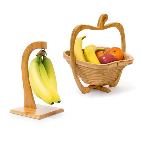 Obstset Obstkorb mit Bananenständer - Servierplatten & -schalen, lebensmittelecht aus Bambus, drehbar und stapelbar für optimalen Platz in Ihrer Küche.