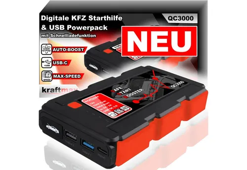 kraftmax QC3000 Jumpstarter Powerbank KFZ Starthilfe für 12V Autobatterie Starthilfegerät (1 St)