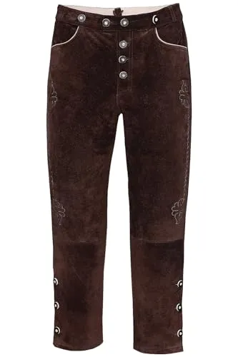 Edelnice Trachtenlederhose braun 60 - Herren-Trachten Lederhose aus 100% Rinds-Veloursleder, ideal für traditionelle Anlässe und festliche Veranstaltungen in stilvollem dunkelbraun.