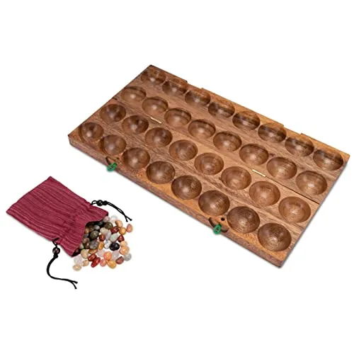 LOGOPLAY Hus - Bao - Kalaha - Mancala - Steinchenspiel - Edelsteinspiel aus Samena-Holz inkl. Edelsteinen