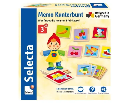 Selecta Lernspielzeug 36 Teile - Memo Kunterbunt - Gesellschaftsspiel für Kinder ab 36 Monaten, fördert Gedächtnis und Feinmotorik mit 36 stabilen Bildtäfelchen aus Holz, nachhaltig und sicher hergestellt in Deutschland.