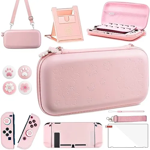 OLDZHU Rosa Reisezubehör Set Kompatibel mit Nintendo Switch,10 in 1 mit Rosa Tragetasche für die Switch,harter Schutzhülle,Glas-Displayschutzfolie,verstellbarer Ständer und Daumengriffkappen