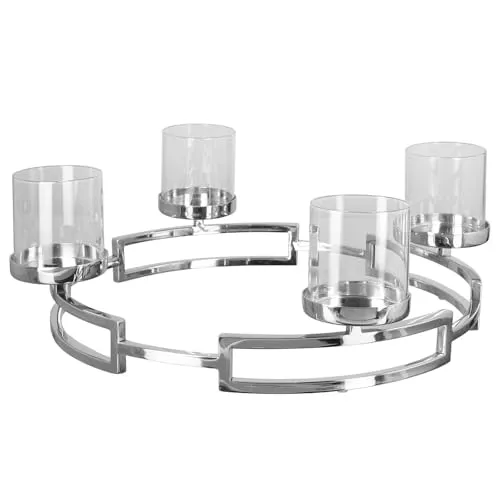 Fink Kerzenleuchter HOMMAGE - Eleganter 4-flammiger Adventsleuchter - Kerzenständer aus Edelstahl und Glas, stilvolles Design in Silber für festliche Anlässe, Durchmesser 40 cm, Höhe 16 cm, ideal für eine stimmungsvolle Weihnachtsdekoration.