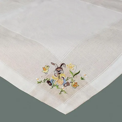 Mitteldecke - 85/85 cm - ecru-bunt Stickerei ''Osterhase'', Leinenoptik