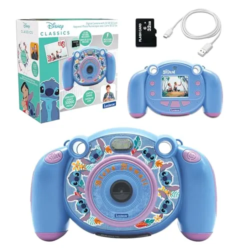 LEXIBOOK Stitch Kinderkamera mit Foto- und Videofunktion - Kompaktkamera für Kinder mit 2-Zoll-LCD-Bildschirm, 15 Rahmen und Spielemodus. Ideal für kreative Fotografie und Videos, sicher und benutzerfreundlich.