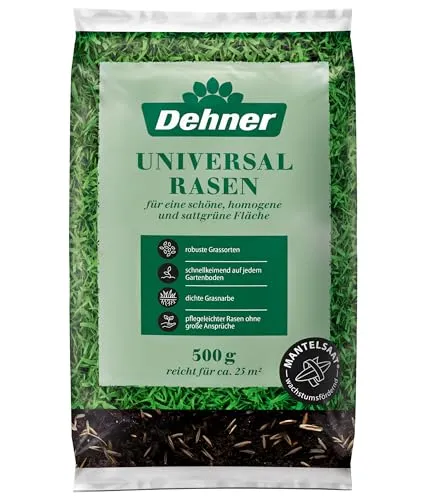 Dehner Saatgut Universalrasen, hochwertige Rasensamen für dichten und sattgrünen Rasen, schnell keimend/pflegeleicht/robust, ideal für Nachsaat und Neuanlage, 500 g, für ca. 25 m²