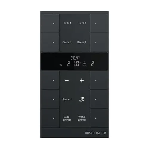 Busch-Jaeger SBS/U10.0.11-885 Raumtemperaturregler - Sensoren & Eingänge, multifunktionales Bedienelement mit 10-facher Steuerung und Beschriftungsfeld für individuelle Anpassung.