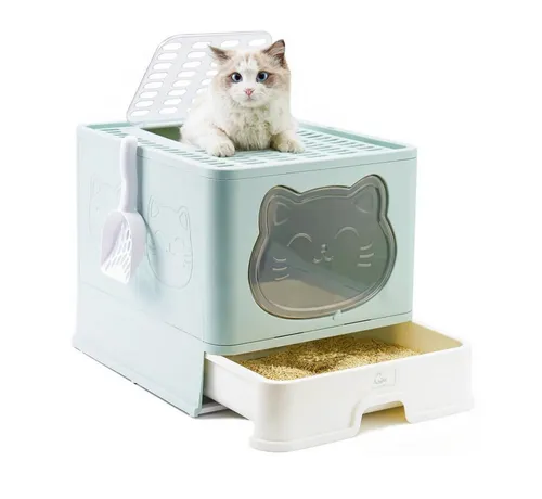 RAIKOU Katzentoilette Mit Geruchsschutz Schaufel und Schublade Robustes Abs-Material, Quadratisch, Spritzwassergesc