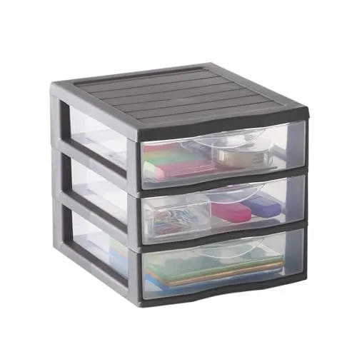 SUNDIS Orgamix, schubladenbox aus Kunststoff, 3 transparente Schubladen im Format A6, Höhe 17 cm, stapelbar, ideal zur Aufbewahrung von Kosmetika, Schmuck, Accessoires, Vorräten