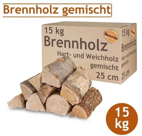Produktbild Flameup Kaminholz Brennholz Kaminholz gemischt 15 kg Holz Ofen Hartholz Weichholz 25 cm, 15 kg