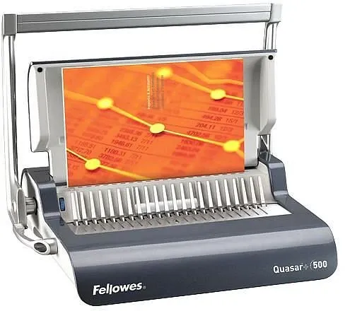 Fellowes Bindegerät Quasar+ 500 - Manuelles Plastikbindegerät für A4 - Bindegerät für bis zu 500 Blatt, ideal für Büro und Home Office. Mit patentierter Dokumenten-Messvorrichtung und herausziehbarem Ablagefach für Zubehör.