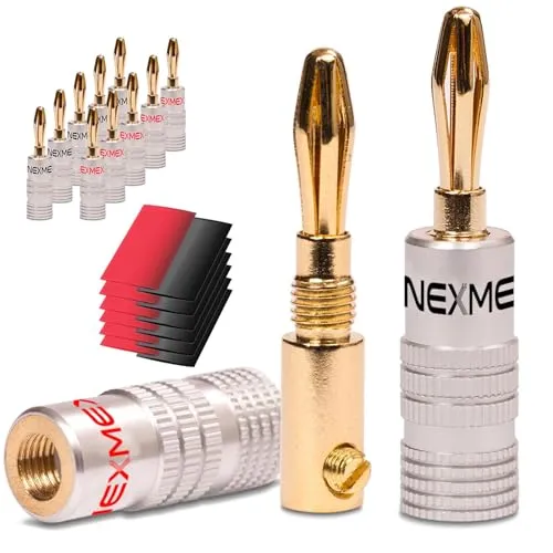 NEXMEX Bananenstecker mit Schrumpfschlauch - 12 Stück Stecker als Set - Steckverbinder 24K vergoldet für Lautsprecherkabel - für HiFi Receiver Verstärker