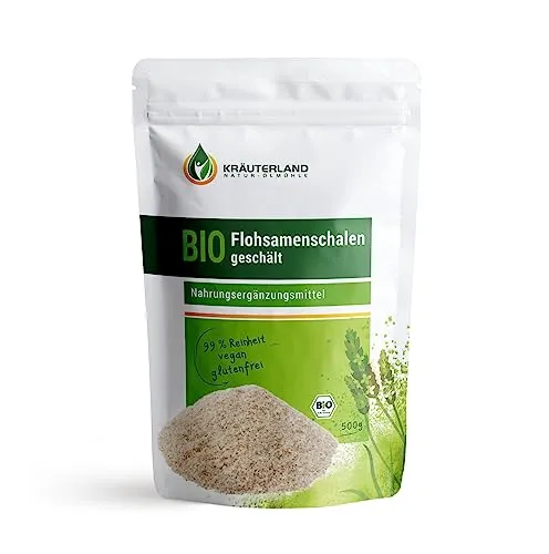 Kräuterland Bio Flohsamenschalen ganz - 500g indische Flohsamen Schalen - Laktosefrei, Glutenfrei, Ballaststoffreich, vegan - in Premium Qualität