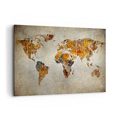 Wandbilder Dekoration Wohnzimmer Welt Karte Kontinente Geographie Bilder auf Leinwand 120x80cm Leinwandbild Schlafzimmer Deko Wand Kunstdruck Art Groß XXL Wanddeko Bild Wall Decor Canvas AA120x80-2783