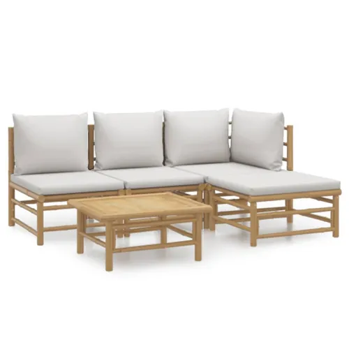 vidaXL 5-tlg. Garten-Lounge-Set mit Hellgrauen Kissen - Elegantes Gartenmöbel-Set aus robustem Bambus, ideal für entspannte Stunden im Freien. Inklusive bequem gepolsterter Kissen für höchsten Sitzkomfort.