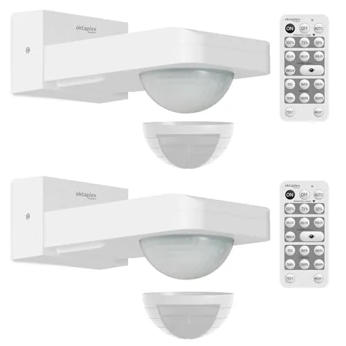 Oktaplex 2er Set Tea schwenkbarer Bewegungsmelder Außen 360 Grad inkl. Fernbedienung Bewegungssensor IP65 9m Reichweite 230V Bewegungssensor Weiss