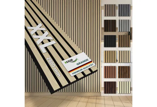 Hexim Wandpaneel, (Akustikpaneele 6 Stück 280x30cm Holz Grande - XXL Holzpaneele Platten Lamellen Wandverkleidung Echtholzfurnier 21mm Filz Schalldämmung MDF Hellbraun 5,05m² Light Oak)